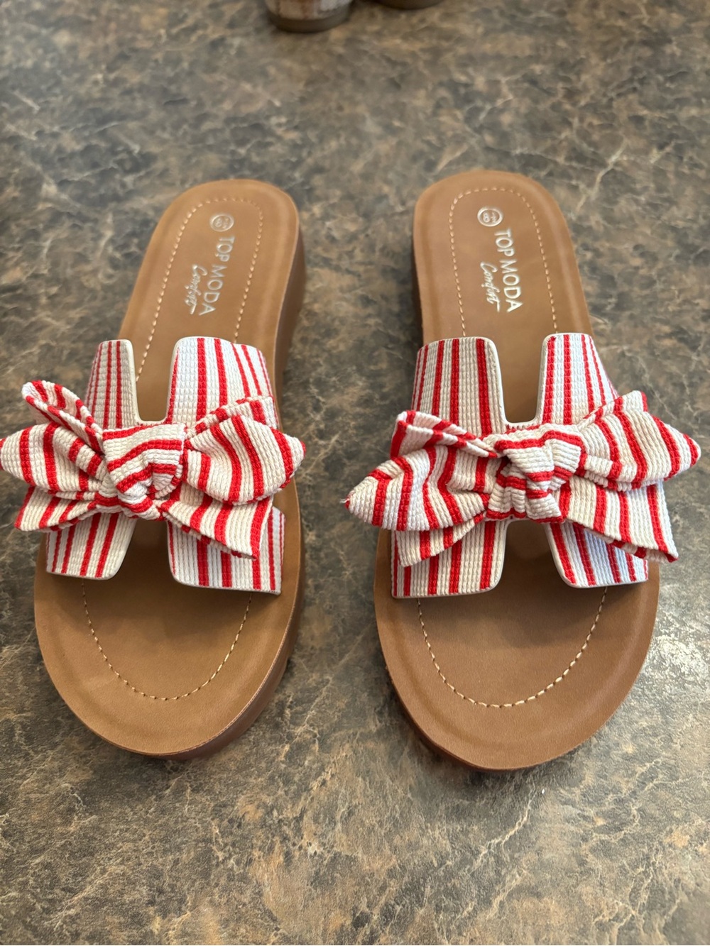 TOP Moda Red & White Striped Susie Bow Knot Slide Sandals w/Brown Footbed 8 1/2